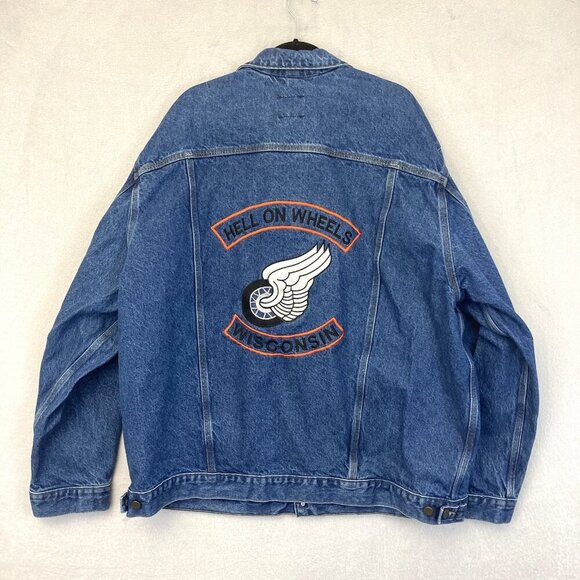 Vintage 90s Carhartt Denim Biker Jacket Mens 3XL Tall Hell On Wheels USA J12 DST - Picture 2 of 12